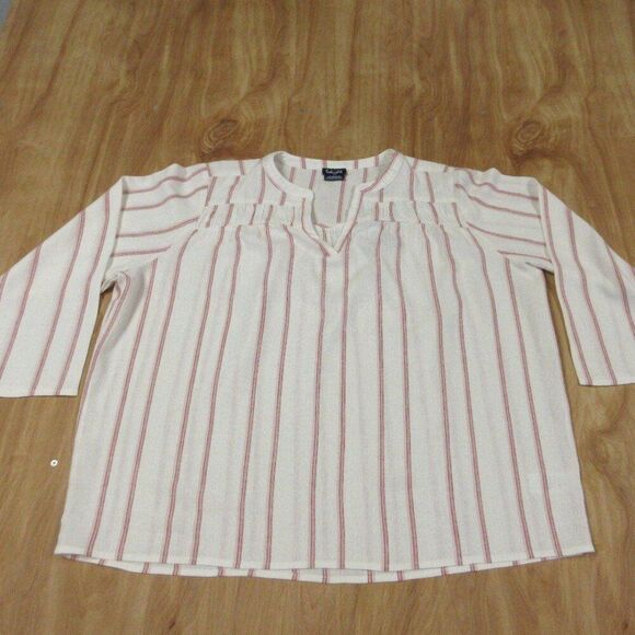 SPLENDID Linen Blend Blouse Womens XL Yoked Red White Strip V Neck Top Shirt NWT - Picture 2 of 12